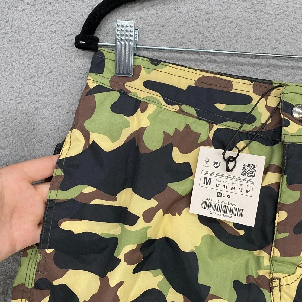 Zara Swim Trunks Mens Medium Camo Green Black Pockets‎ Swim Beach Lightweight